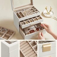 SONGMICS Caja de Joyas, Caja Joyero con 4 Niveles, Estuche para Joyería con Tapa de Cristal, 3 Cajones, para Gafas de Sol, Joyas Grandes, Moderno, Blanco Nube y Dorado JBC161W01 - Imagen 5
