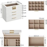 SONGMICS Caja de Joyas, Caja Joyero con 4 Niveles, Estuche para Joyería con Tapa de Cristal, 3 Cajones, para Gafas de Sol, Joyas Grandes, Moderno, Blanco Nube y Dorado JBC161W01 - Imagen 6