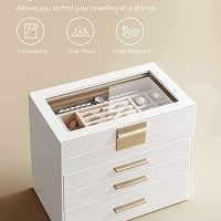 SONGMICS Caja de Joyas, Caja Joyero con 4 Niveles, Estuche para Joyería con Tapa de Cristal, 3 Cajones, para Gafas de Sol, Joyas Grandes, Moderno, Blanco Nube y Dorado JBC161W01 - Imagen 4