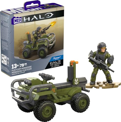 MEGA Halo - Juego de juguetes de construcción, FLEETCOM Mongoose ATV vehículo con 79 piezas, 2 micro figuras de acción y accesorios articulables, HNC55