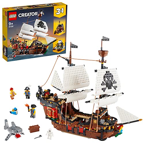 LEGO Creator 3-en-1 Barco Pirata, Isla Calavera o Taberna, Juego Creativo de Construcción con Tiburón de Juguete y Mini Figuras, Regalo para Niños y Niñas de 9 Años o Más 31109